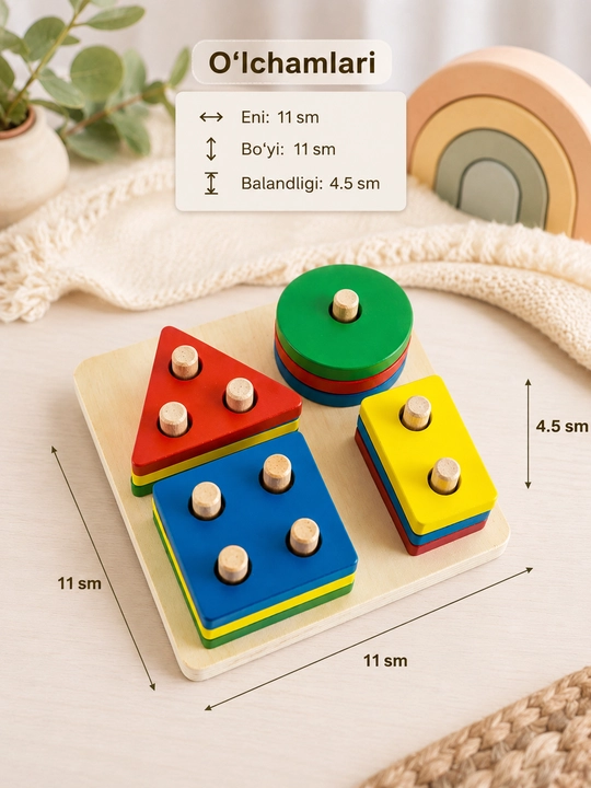 Geometrik shakllar va ustunlar bilan bezatilgan Montessori yog‘och o‘yinchog‘i