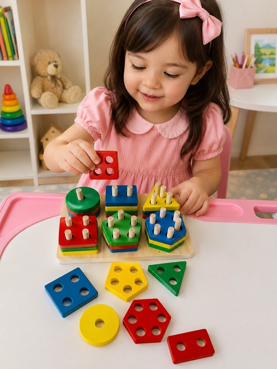 Geometrik shakllar va ustunlar bilan bezatilgan Montessori yog‘och o‘yinchog‘i