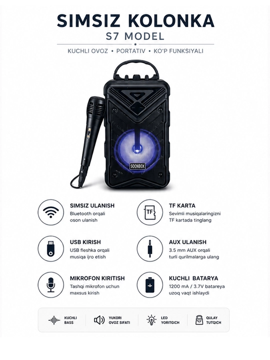 Беспроводная караоке-колонка SoonBox S7 с микрофоном, Bluetooth, TF, USB и AUX, черная - 