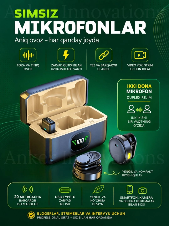 Микрофон, подключается через Type-C, беспроводной, телефонов, фотоаппаратов, компьютеров - 