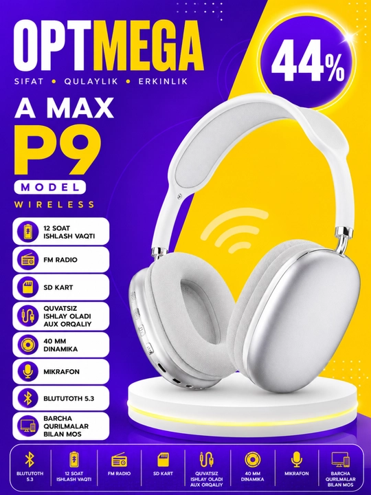Simsiz quloqchinlar P9, to'liq o'lchamli, mikrofonli AI MAX, Naushnik