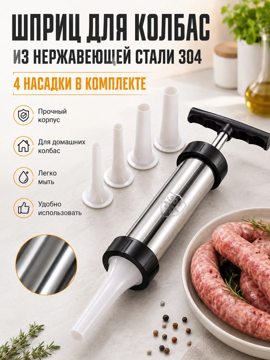 Шприц для колбас из нержавеющей стали 304, ручной наполнитель с 4 насадками для сосисок - 