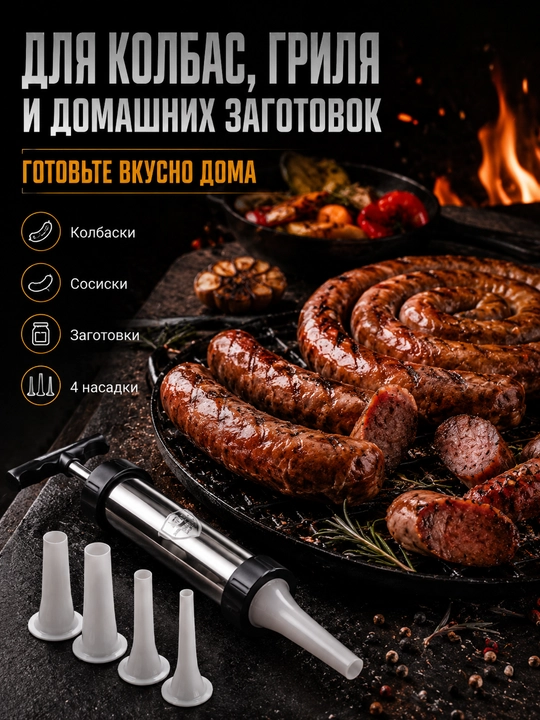 Шприц для колбас из нержавеющей стали 304, ручной наполнитель с 4 насадками для сосисок