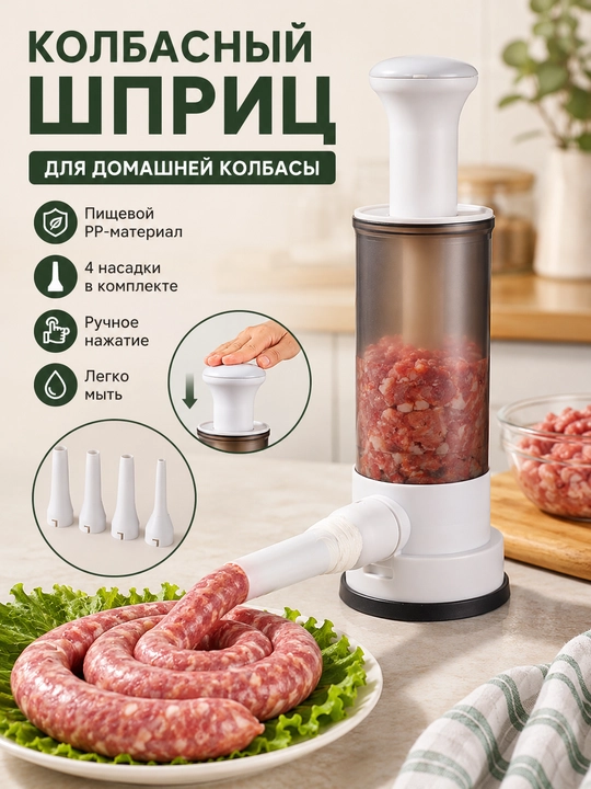 Шприц для колбас  с 4 насадками, ручной наполнитель для сосисок и колбасок дома - 