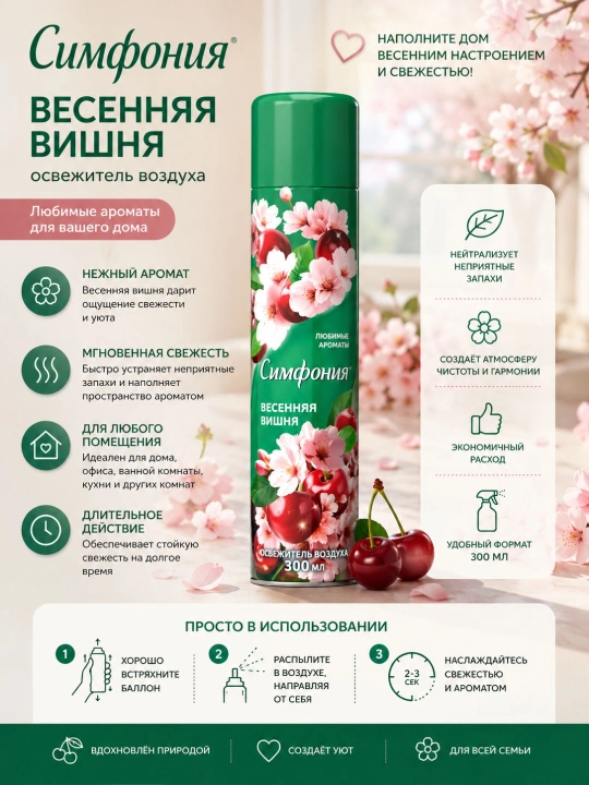 Освежитель воздуха, спрей для туалета и дома, Симфония, 300 мл - 