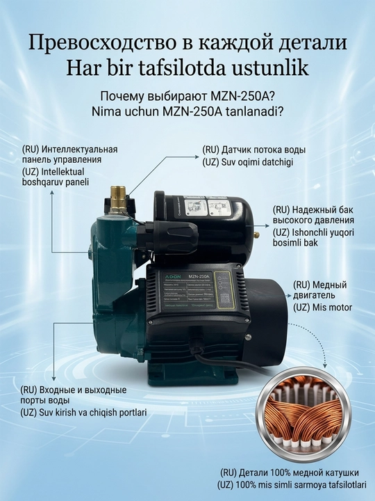 Avtomatik suv nasosi, quruq ishdan himoya, 100% mis o'rash