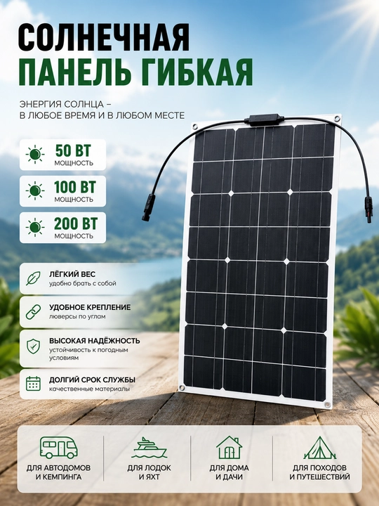 Солнечная батарея, 50-200 Вт, гибкая, монокристаллическая, для дома, дачи, теплицы  - 