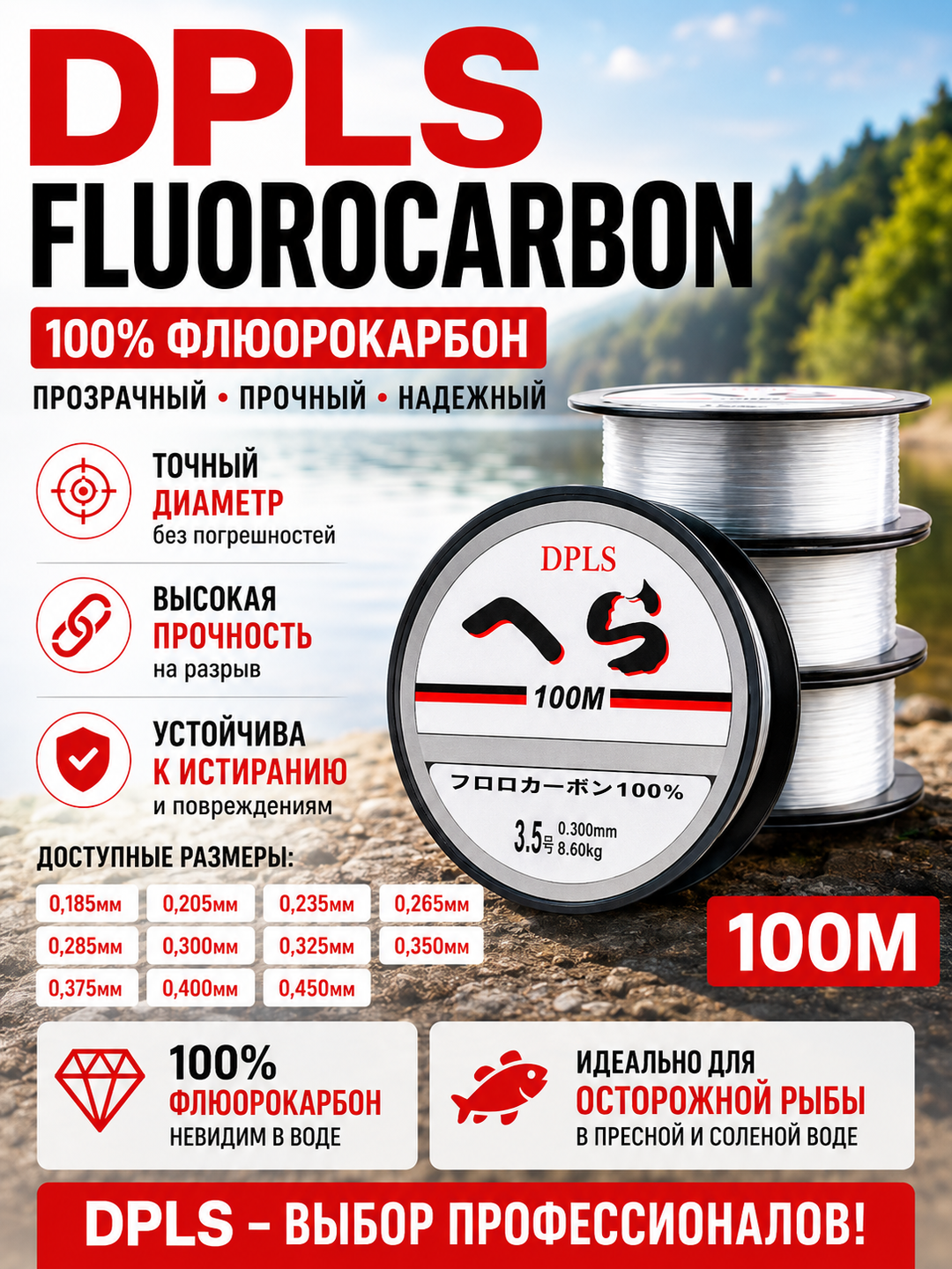 DPLS flyuorokarbon baliq ovlash qarmog‘i 100 metrlik baliq ovlash va spinning uchun qarmoq