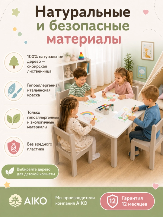 AIKO Malish bolalar mebellari to‘plami, stol va 4 ta stul, tabiiy yog‘ochdan, gipoallergen