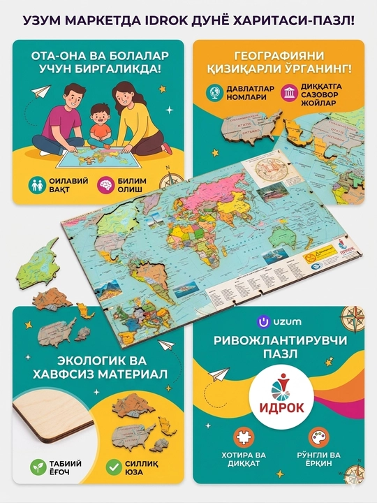 Dunyoning siyosiy xaritasi. Bolalar uchun o'quv xaritasi: Dunyo siyosiy pazli. - 