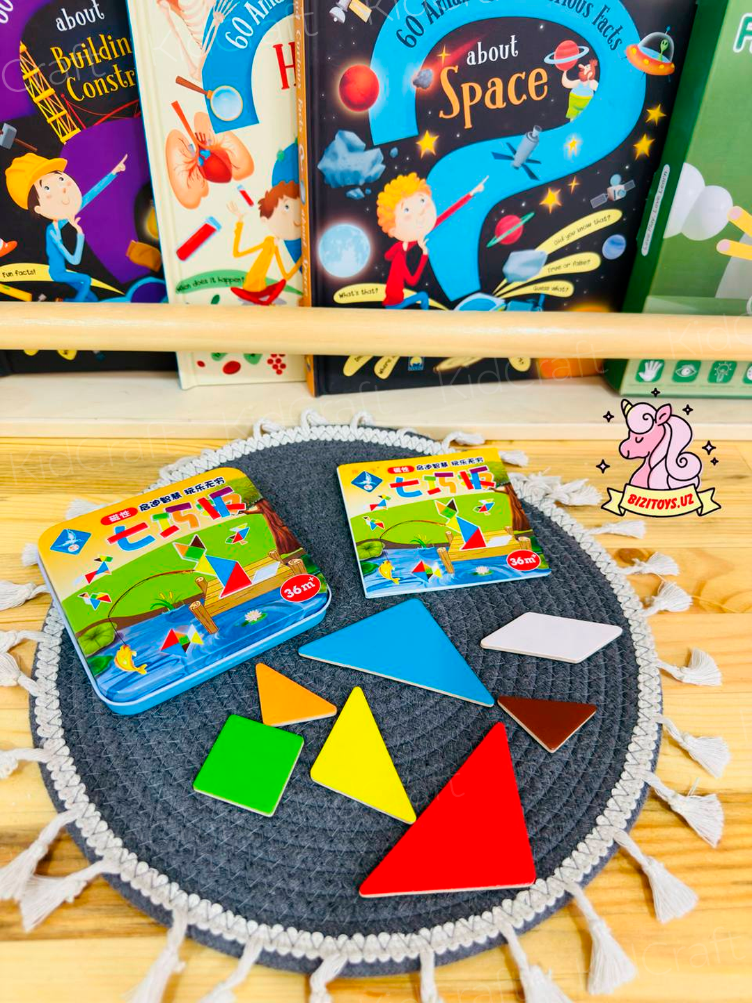 Ta'limiy yog'och jumboq o'yini Tangram, magnitli, tangram vazifalar bilan, tetris