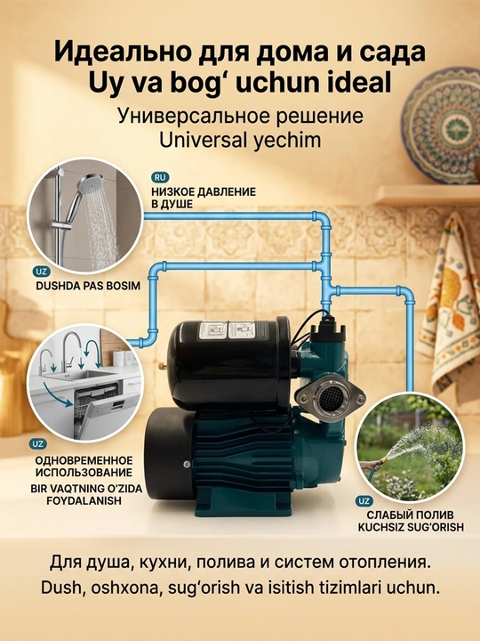 220V, 250Vt quvvatli, uy uchun avtomatik o‘z-o‘zini so‘ruvchi suv nasosi