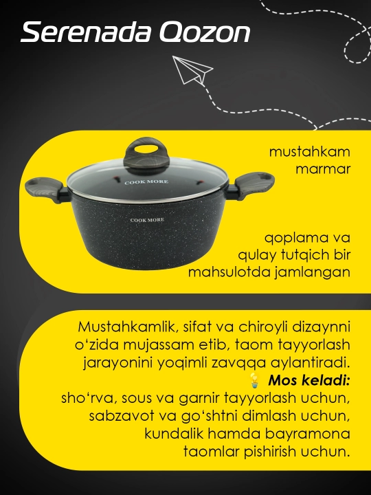 Qozon COOK MORE Serenada 4.6 L, zamonaviy dizayn, marmar qoplamali, qulay tutqichli