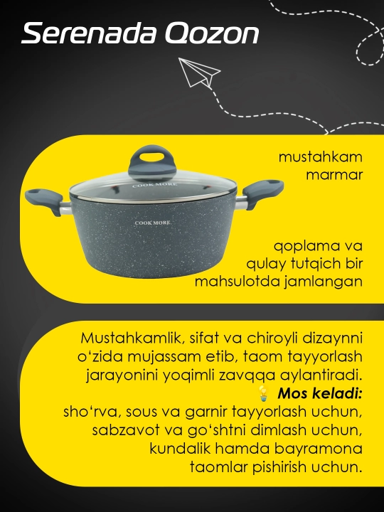 Qozon COOK MORE Serenada 4.6 L, zamonaviy dizayn, marmar qoplamali, qulay tutqichli - 