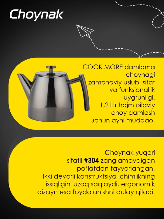 COOK MORE damlash choynagi, 1,2 litr, zanglamaydigan po‘latdan yasalgan, qo‘sh devorli, zamonaviy dizaynda
