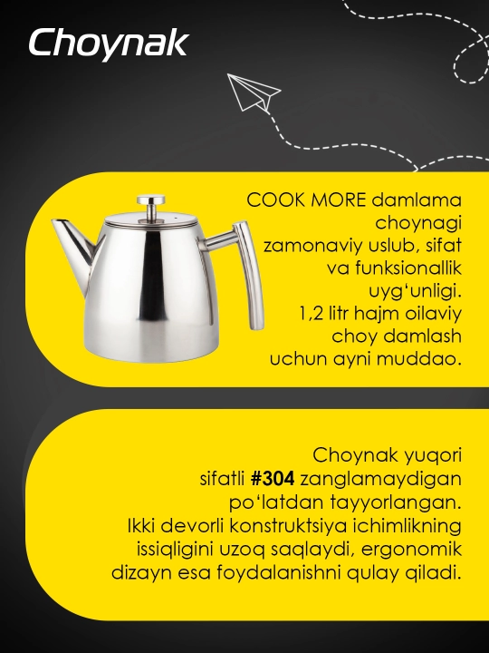 COOK MORE damlash choynagi, 1,2 litr, zanglamaydigan po‘latdan yasalgan, qo‘sh devorli, zamonaviy dizaynda