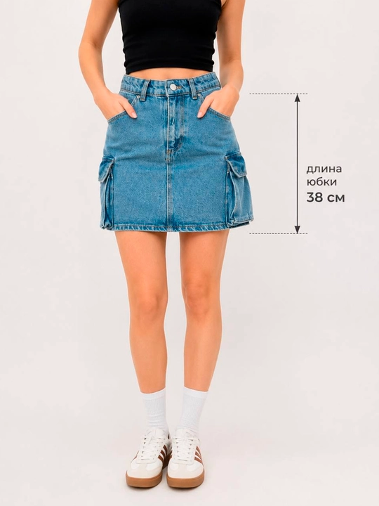 Ayollar kargo jinsi yubkasi, kichik 38 sm, katta cho‘ntakli, Turkiya, 100% paxta