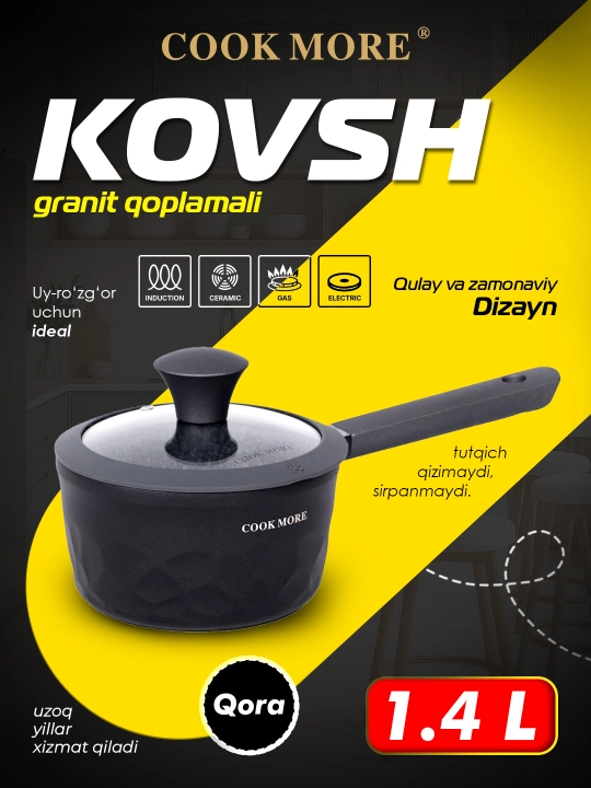 COOK MORE granit cho‘mich 16 sm, kuyishga qarshi, qopqoqli, induksiya uchun - 