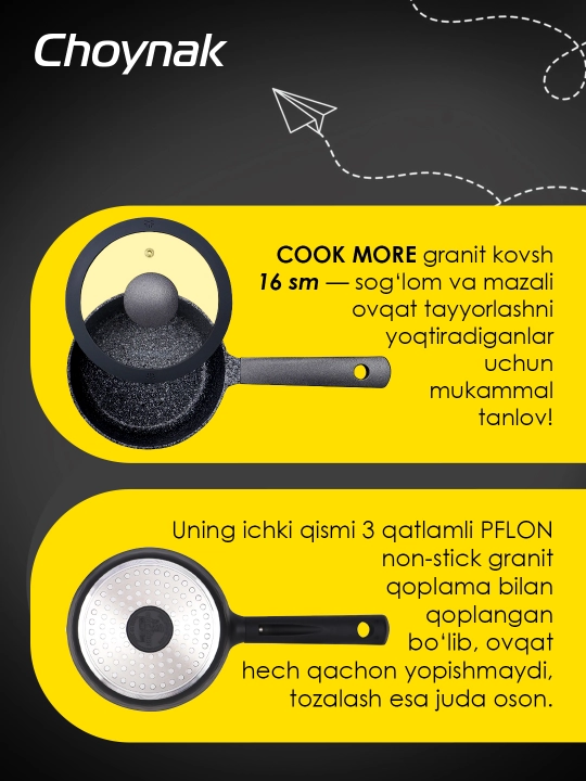 COOK MORE granit cho‘mich 16 sm, kuyishga qarshi, qopqoqli, induksiya uchun