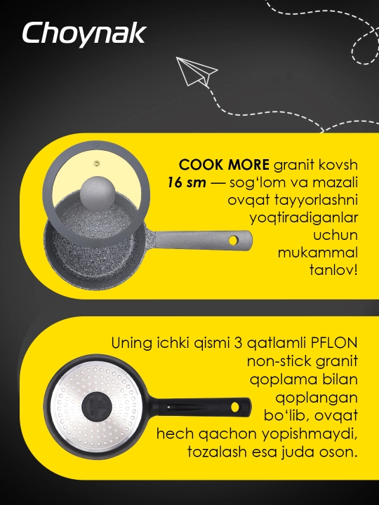COOK MORE granit cho‘mich 16 sm, kuyishga qarshi, qopqoqli, induksiya uchun