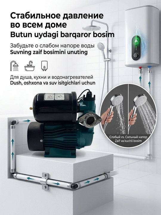 O‘z-o‘zini so‘ruvchi nasos, 250 Vt, suv bosimini oshiruvchi, maishiy
