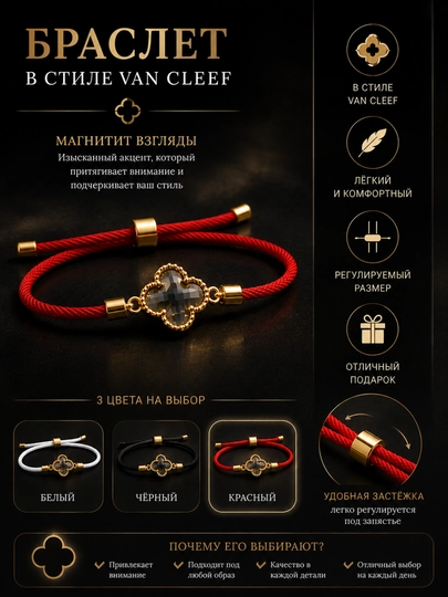 Женский черный браслет в стиле Van Cleef — MUANNAS-VANCLEF-КРАСН