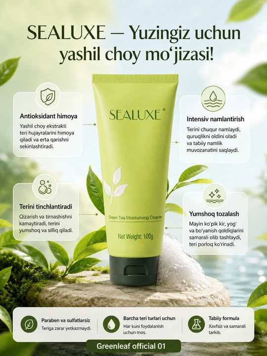 Greenleaf SEALUXE Yashil choyli namlovchi yuz uchun tozalovchi pasta, 100 g - 