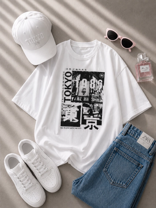Женская футболка, oversize, 100% хлопок, с принтом, свободный крой - 