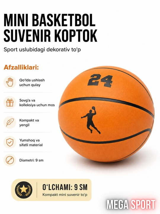 Mini basketbol suvenir koptok, dekorativ yumshoq to‘p, diametri 9 sm