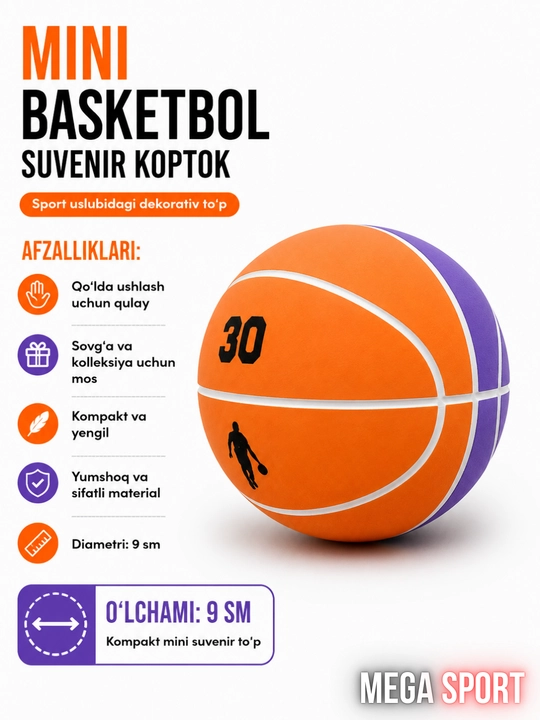 Mini basketbol suvenir koptok, dekorativ yumshoq to‘p, diametri 9 sm