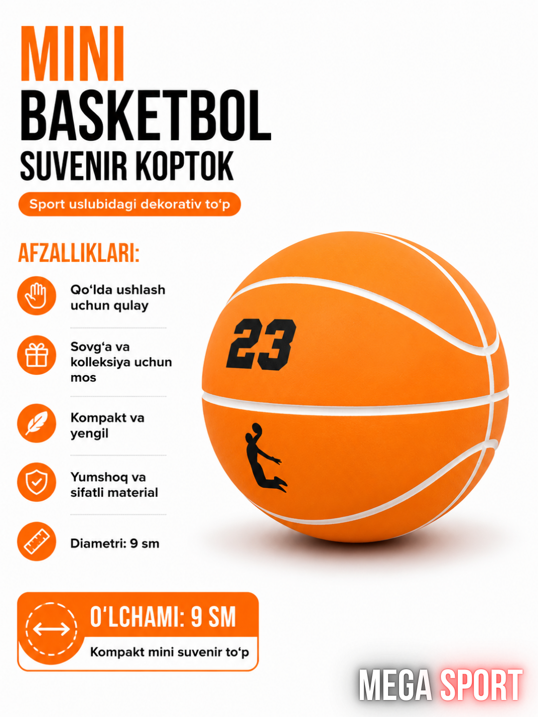 Mini basketbol suvenir koptok, dekorativ yumshoq to‘p, diametri 9 sm