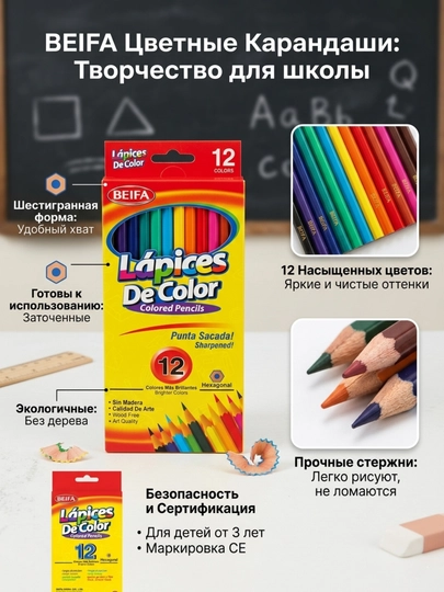 Цветные карандаши пластиковые Beifa MK1-12B1, 12 цветов — BEIFA26-MK112B1