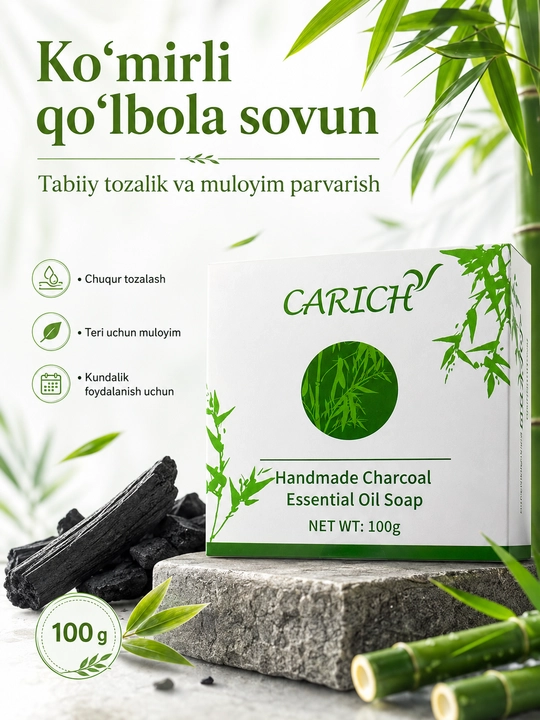 Carich Ko'mirli Sovun — G'ovak Tozalash va Husnbuzarlarga Qarshi Qo'lda Tayyorlangan 100g