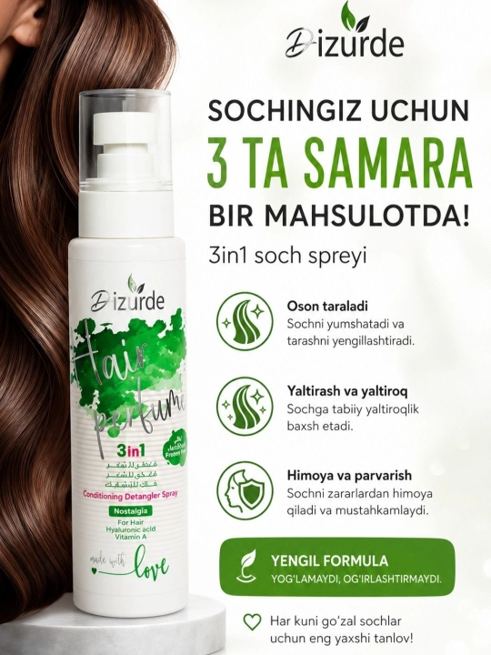 Dizurde lazurde Spray Hair Cream 3 - в1 многофункциональный термозащитный спрей, витамин Е - 