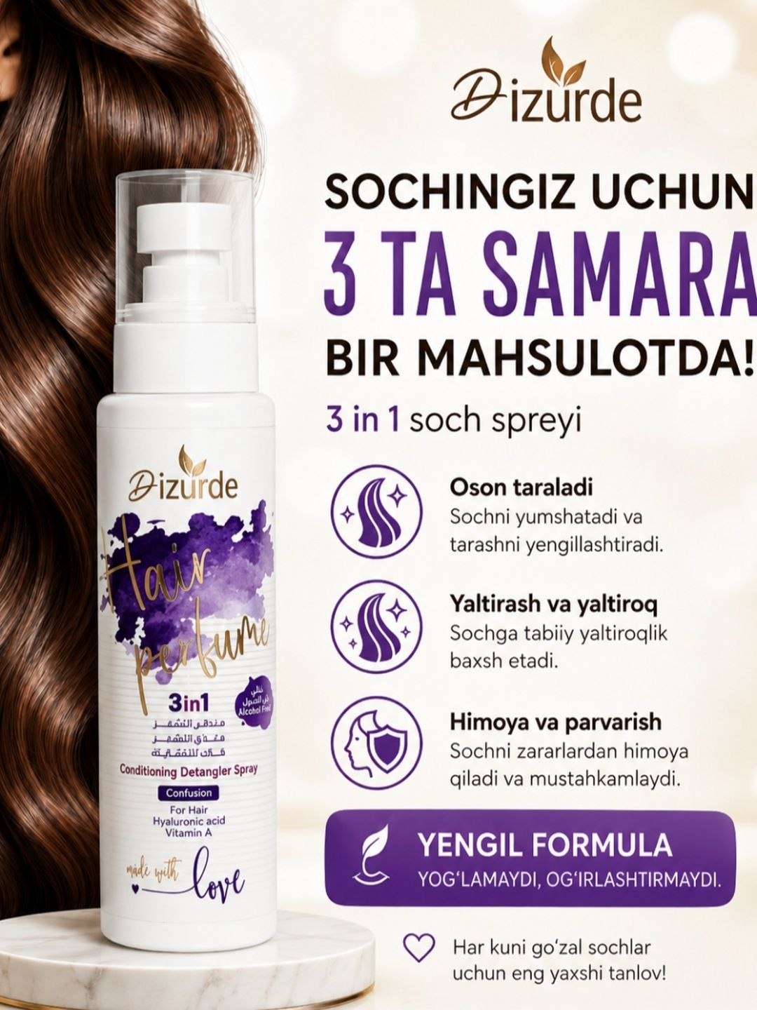 Dizurde lazurde Spray Hair Cream 3 - в1 многофункциональный термозащитный спрей, витамин Е - 