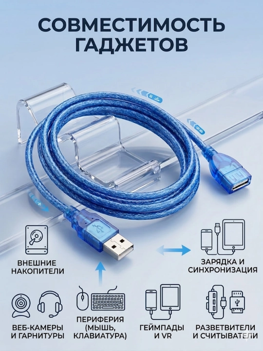 Кабель-удлинитель, USB 2.0, USB/USB для флешки, компьютера, мыши, ноутбука, ТВ-приставки