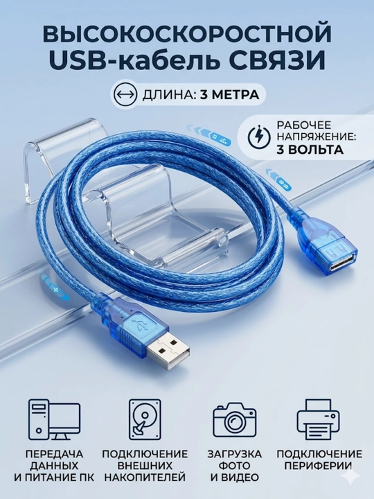 Кабель-удлинитель, USB 2.0, USB/USB для флешки, компьютера, мыши, ноутбука, ТВ-приставки