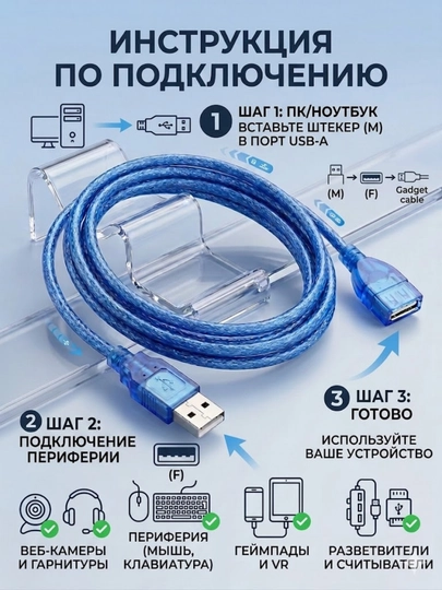 Кабель-удлинитель, USB 2.0, USB/USB для флешки, компьютера, мыши, ноутбука, ТВ-приставки