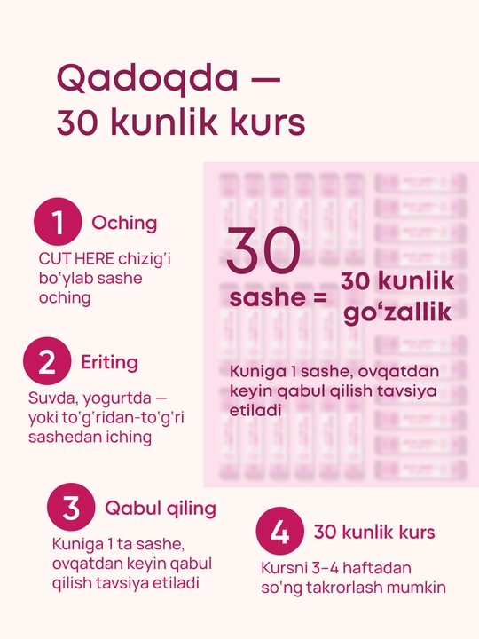 Teri soch va bo‘g‘imlar uchun kollagen kompleksi OLLEE Advanced Collagen 30 stik