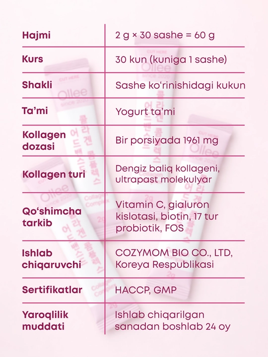 Teri soch va bo‘g‘imlar uchun kollagen kompleksi OLLEE Advanced Collagen 30 stik