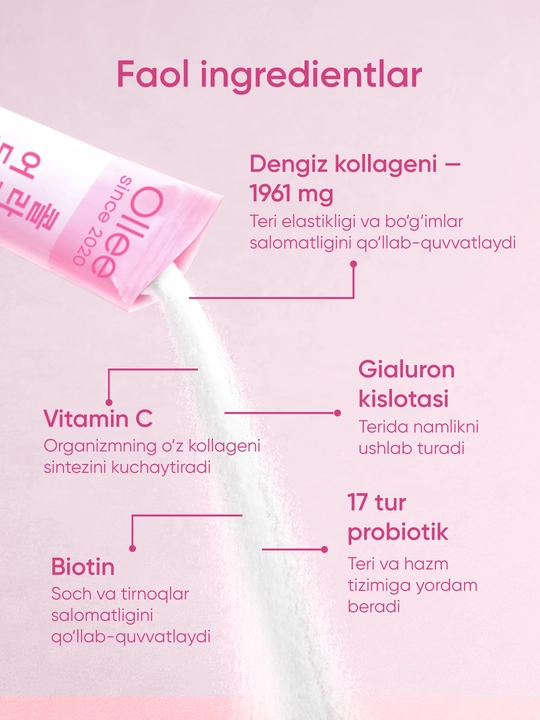 Teri soch va bo‘g‘imlar uchun kollagen kompleksi OLLEE Advanced Collagen 30 stik