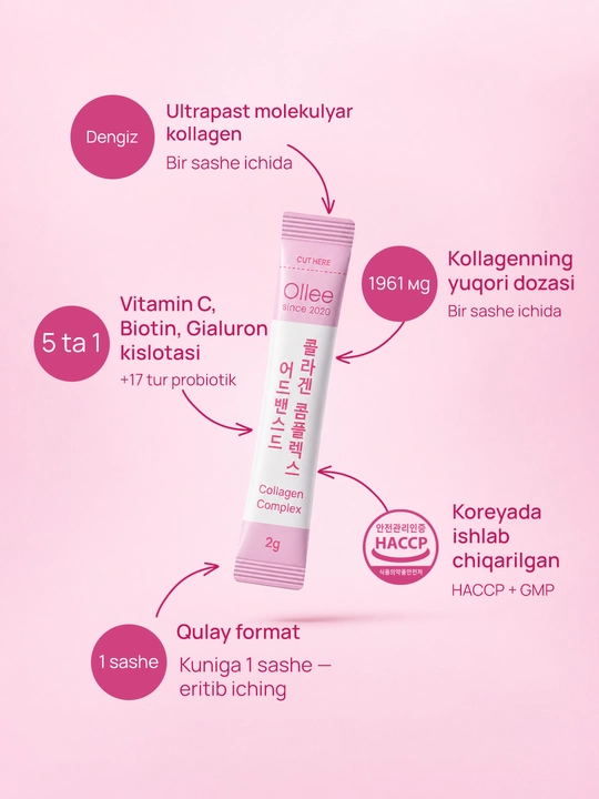 Teri soch va bo‘g‘imlar uchun kollagen kompleksi OLLEE Advanced Collagen 30 stik