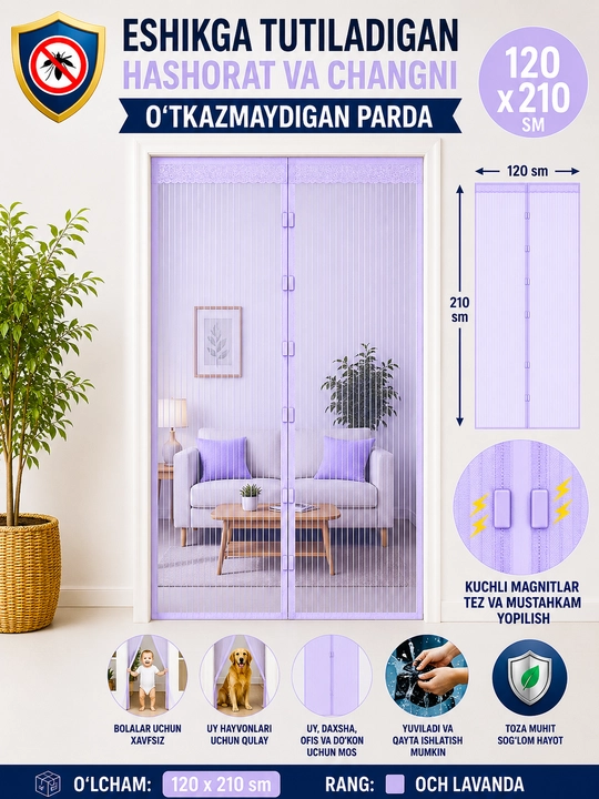 Eshik uchun moskit to‘ri, chivin, pashsha va hasharotlardan himoyalovchi magnitli pardalar - 