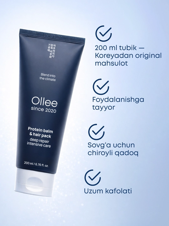 OLLEE soch uchun 200 ml li, keratin va proteinli, tiklovchi balzam-niqob