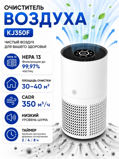 Очиститель воздуха KJ350F,HEPA 13, 30-40 м², CADR 350 м³/ч, низкий уровень шума, таймер — BRANDTC-KJ350F