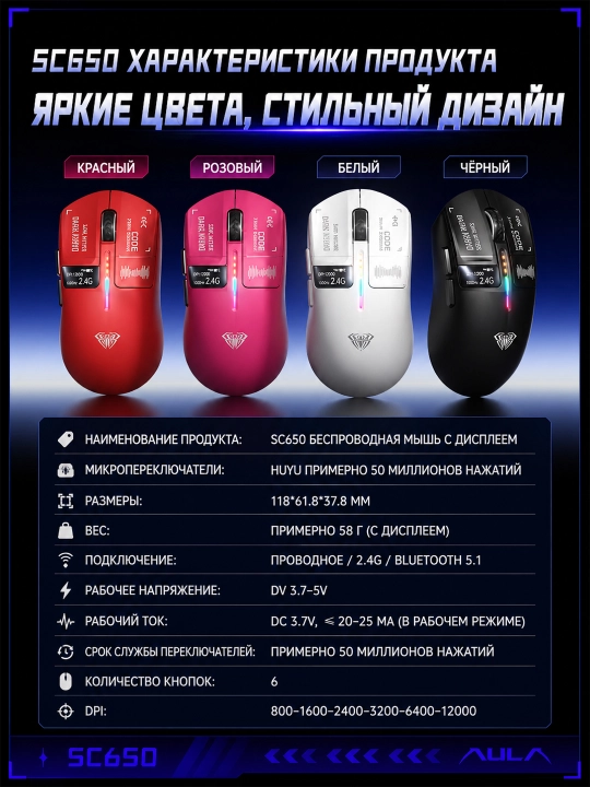 AULA SC650 simsiz gaming sichqoncha 12000 DPI Bluetooth / 2.4G / Type-C displeyli