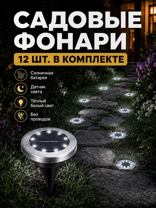 Садовые солнечные фонари LED, уличные светильники для дорожки, газона и двора, набор - 
