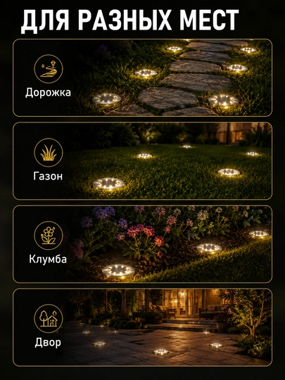 Quyoshli bog‘ chiroqlari LED, yerga qo‘yiladigan, simsiz yo‘lak va hovli uchun to‘plam