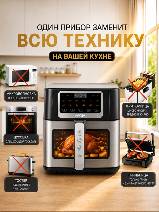 Aerogril RAF air fryer 5, 6.5, 8 litr, 1700 Vt, yog‘siz, oyna bilan, sensorli boshqaruv