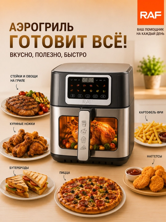 Aerogril RAF air fryer 5, 6.5, 8 litr, 1700 Vt, yog‘siz, oyna bilan, sensorli boshqaruv